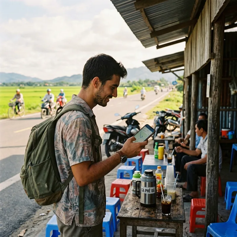 Traveler holding a phone showing full signal bars at a roadside coffee stall on a Vietnamese highway