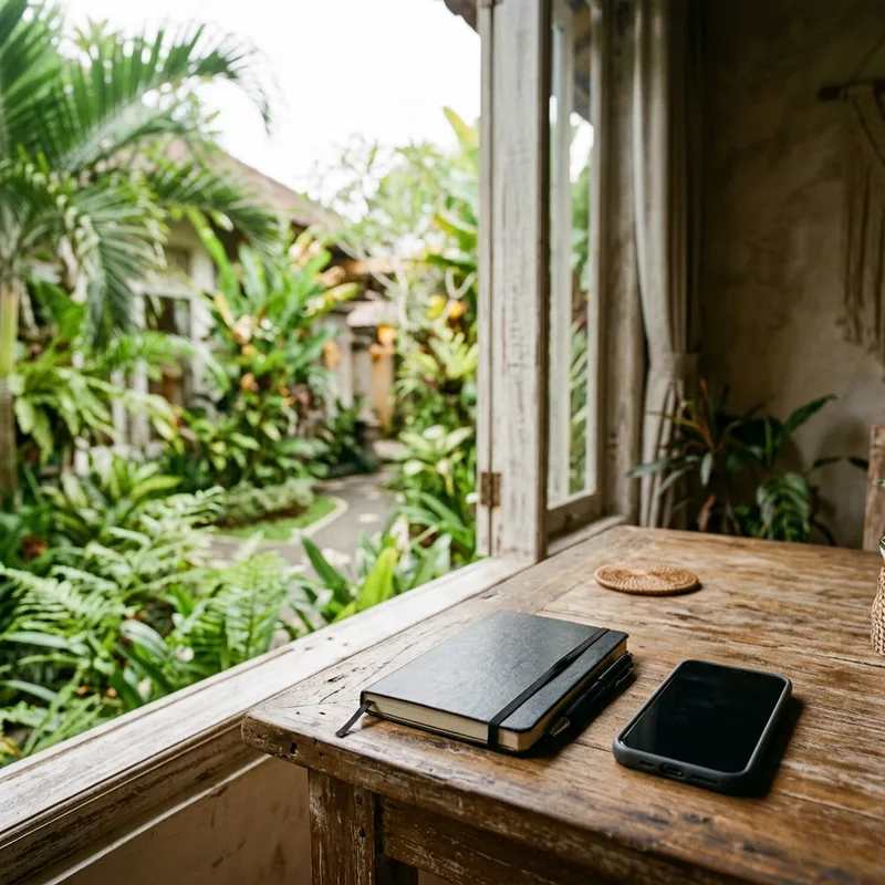 Phone and notebook on a wooden desk beside a window looking onto a green courtyard