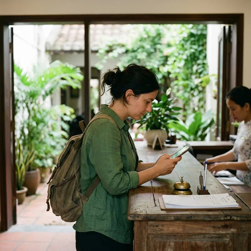 Traveler checking a phone at a hotel check-in desk with a courtyard behind