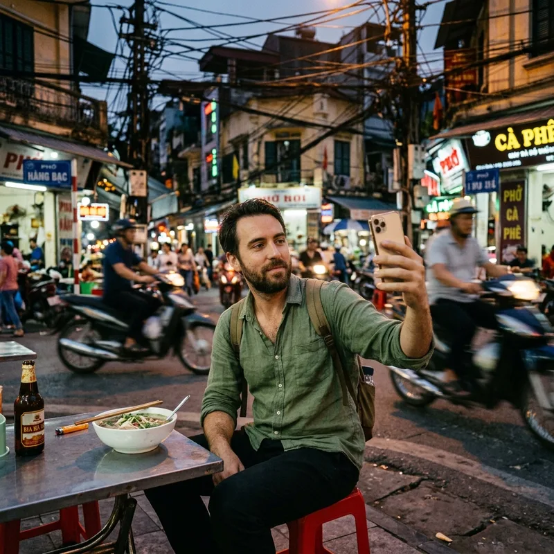 Traveler on a video call from a plastic stool on a Hanoi street corner