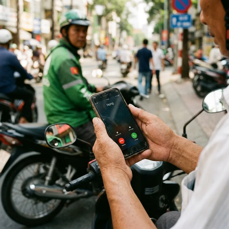 Hands holding a phone showing an incoming call while a motorbike taxi driver waits at the kerb