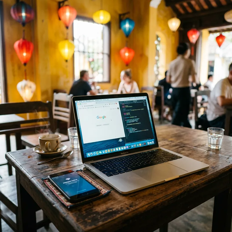 Traveler on a laptop video call at a wooden table with a phone hotspot beside it
