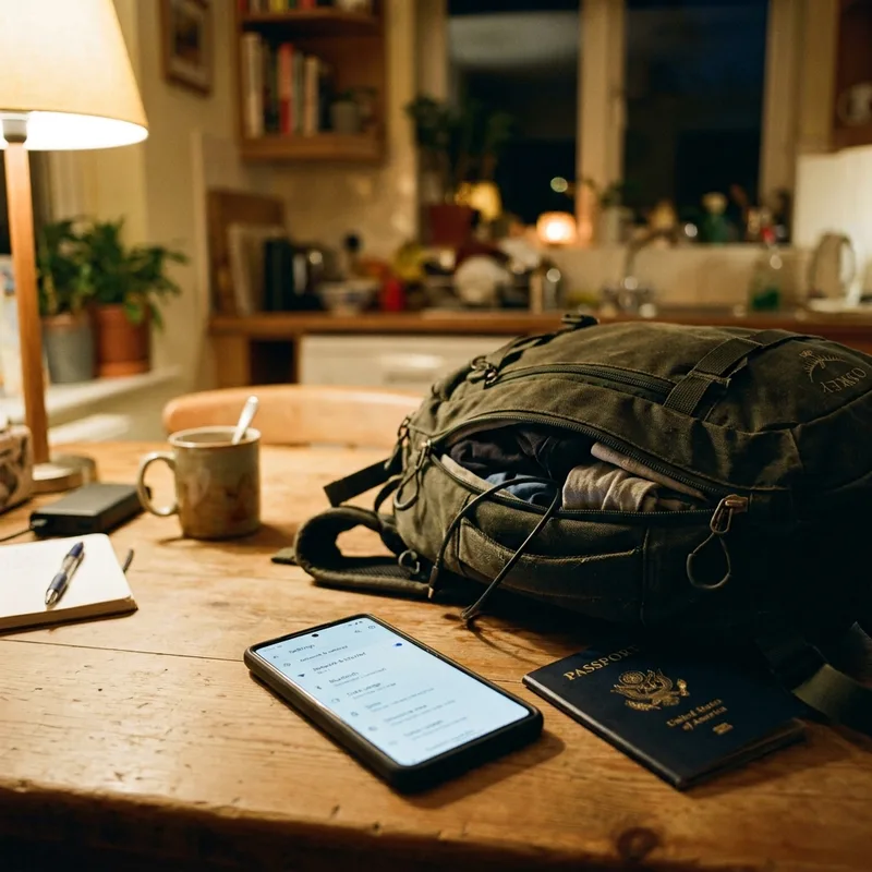 Phone showing an eSIM installation screen on a kitchen table beside a packed bag