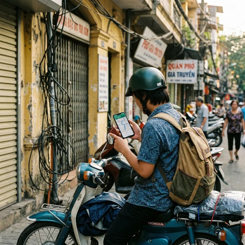Traveler checking a phone map on a scooter at a junction of a narrow Hanoi street