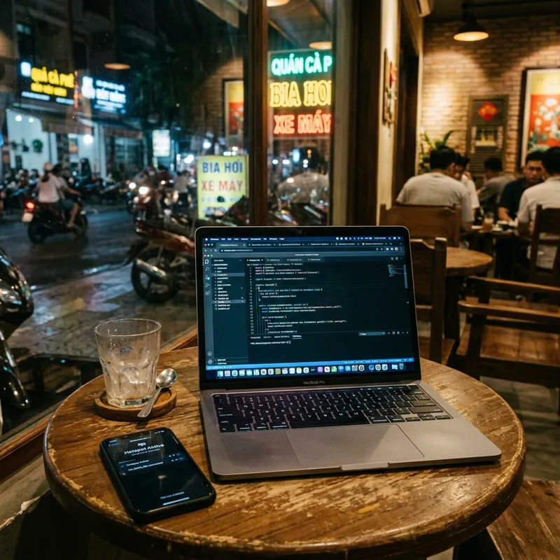 Laptop and phone on a cafe table with a hotspot connection running, Da Nang street outside
