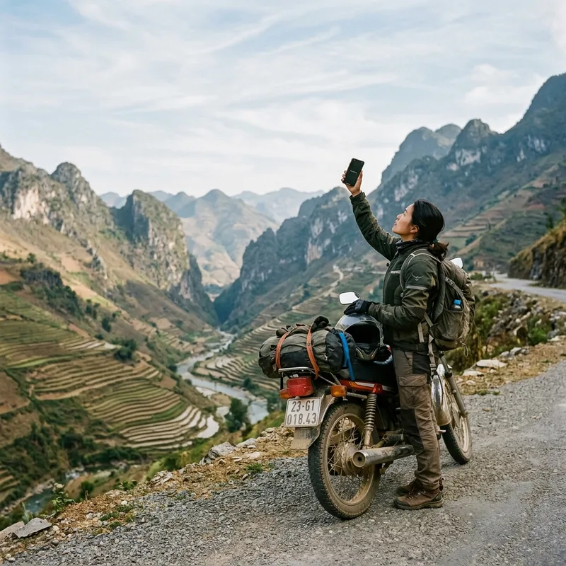 Traveler holding up a phone with signal bars on a mountain pass above terraced rice fields