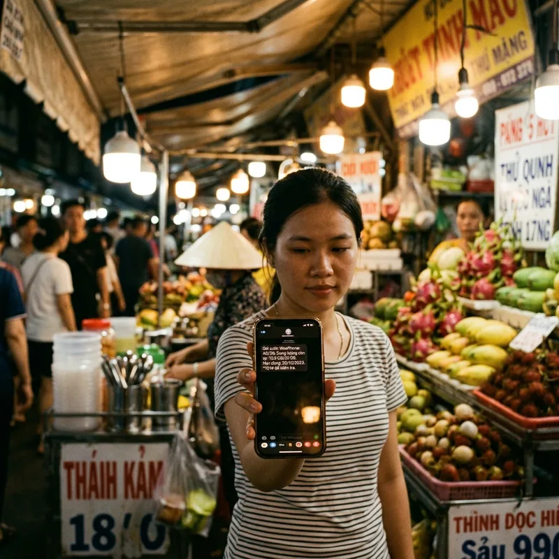 Phone screen showing a data plan balance held in front of a night market stall